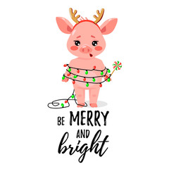 Christmas card with a cute piglet with garland and deer horns