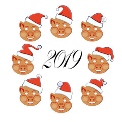 A set of props for a photo shoot for Christmas and New Year, 8 items, mask in the form of a pig's head with a Christmas hat. Vector illustration