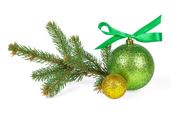 Christmas balls and fir branches isolated on white background