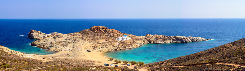 Fototapeta na wymiar Panoramic view of Agios Sostis beach, one of the most beautiful beaches of Serifos. Cyclades, Greece