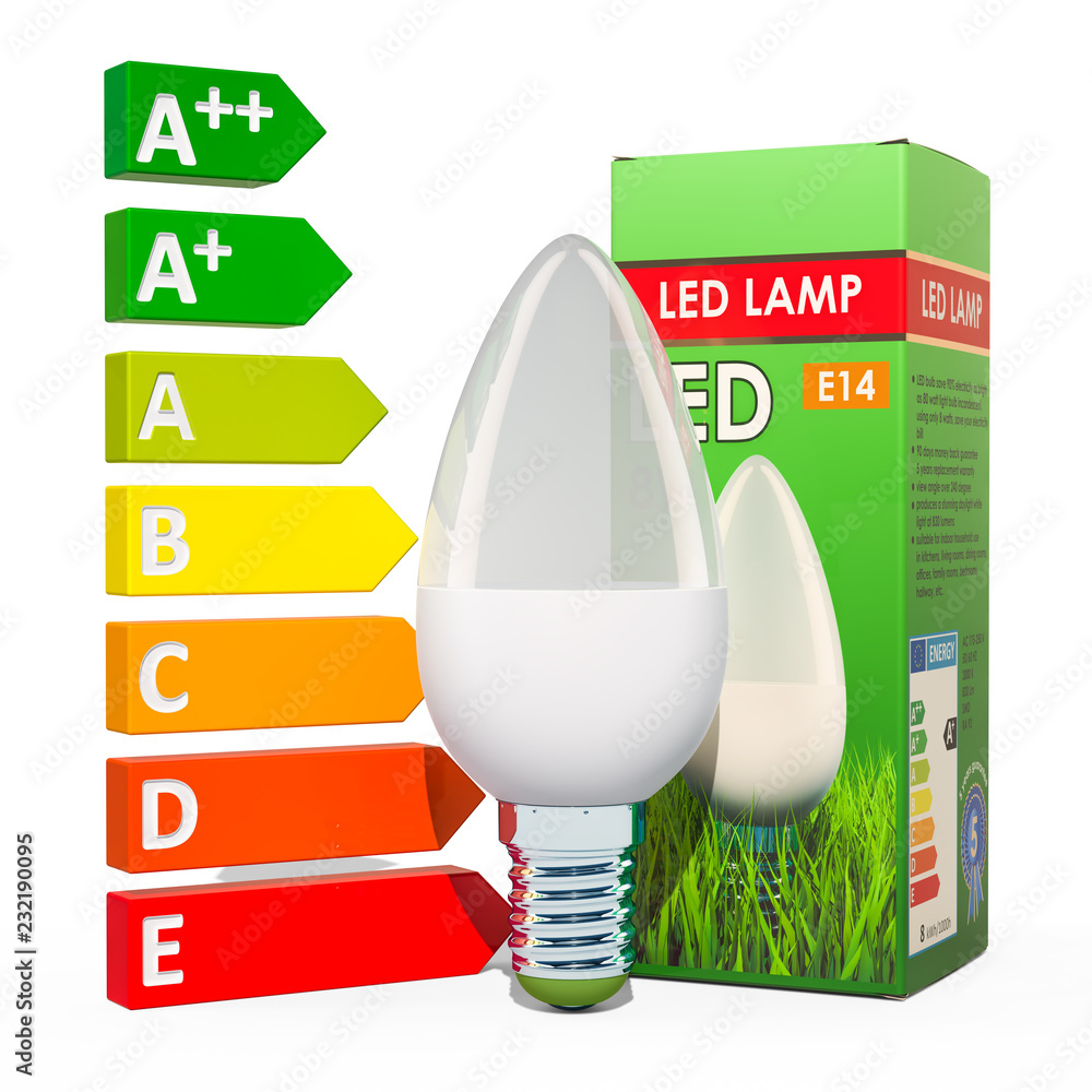 Poster saving energy consumption concept. energy savings led lamp with cardboard box. 3d rendering