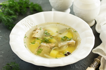 fish soup with ingredients and spices for cooking.