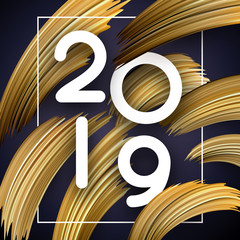 New Year 2019 greeting card with abstract golden brush strokes.