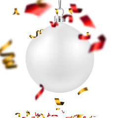 Christmas and New Year card with white Christmas ball and color blurred confetti.