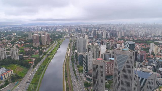 Aerial view of Octavio Frias de Oliveira Bridge, a landmark in Sao Paulo, the biggest city in Brazil