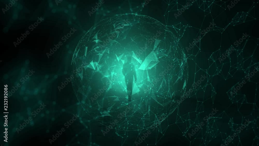 Poster person walks through artistic tunnel with computer cyberspace background.