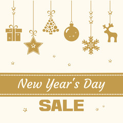 Fototapeta premium Festive postcard. Golden gift boxes end christmas trees, snowflake and inscription New Year's Day, SALE. Vector illustration