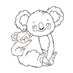 Cute mother koala with her little baby on her back. Coloring book page.