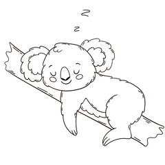 Cute Australian Koala Bear sleeping on a tree. Black and white outline illustration. Coloring book page.