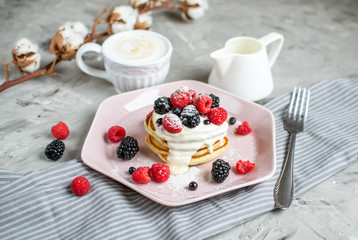 Homemade Pancakes Pastel Pink Plate Sour Cream Berries Coffee Healthy Breakfast Morning Concept 