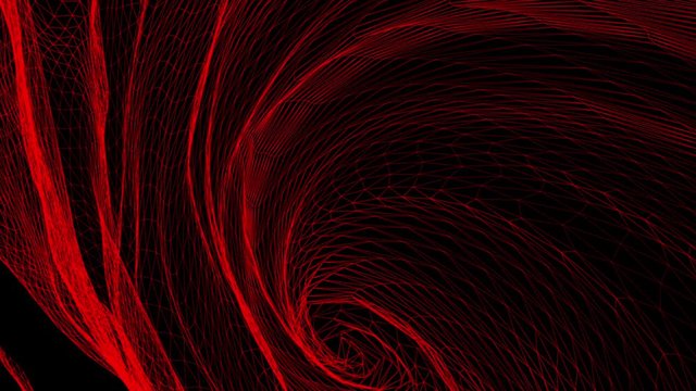 red abstract shape from a three-dimensional grid is slowly deforming on a black background. 3d rendering