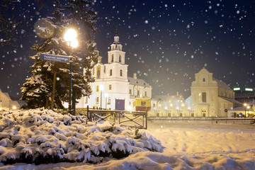 Building exterior of main Church of Minsk at winter evening, Belarus