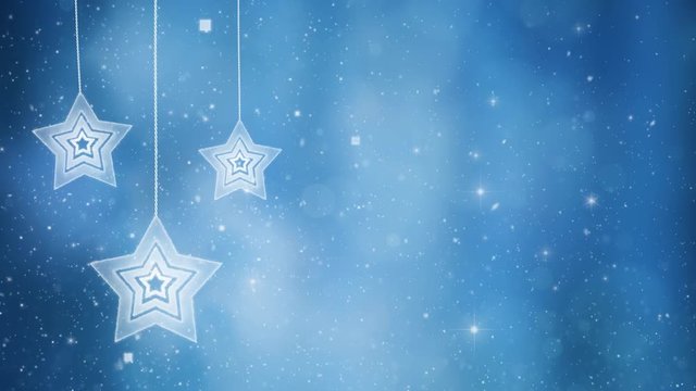 Beautiful hanging stars on decorative shiny blue colored sky background with snowfall. New Year and Christmas greeting card. 