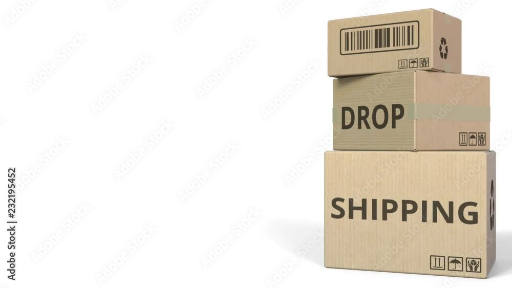 Aufkleber boxes with drop shipping caption. 3d animation