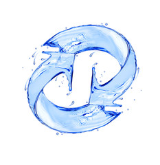 Curved arrows made of water splashes in a circular motion, conceptual image isolated on a white...