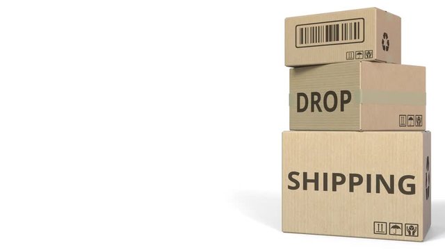 Boxes with DROP SHIPPING caption. 3D animation