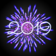 Beautiful New Year 2019 greeting card with purple glittering fireworks and a clock.