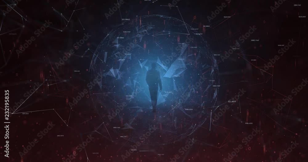 Poster futuristic walking on digital computer cyber space.