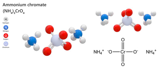 Ammonium chromate is a salt with the formula (NH4)2CrO4. It's often used in photography, textile printing. 3d illustration. The molecule is represented in different structures.