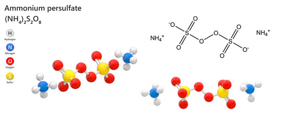 Ammonium persulfate (APS), formula (NH4)2S2O8. It is a strong oxidizing agent that is used in polymer chemistry, as an etchant. 3d illustration. The molecule is represented in different structures.