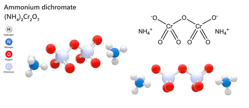 Ammonium dichromate - formula (NH4)2Cr2O7. Ammonium dichromate is sometimes known as Vesuvian Fire, because of its use in demonstrations of tabletop "volcanoes". 3d illustration.