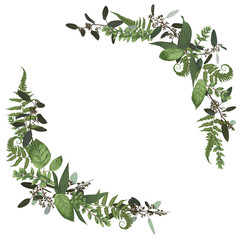 Obraz premium Floral bouquet design set, green forest leaf, fern, branches boxwood, buxus, eucalyptus. Watercolor style, herbs. Wedding for invite card Isolated design