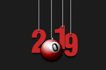 2019 New Year and billiard ball hanging on strings