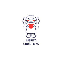 Vector illustration. Angel icon line style with decoration and text. Simple element for Christmas card, logo, print on t-shirt.