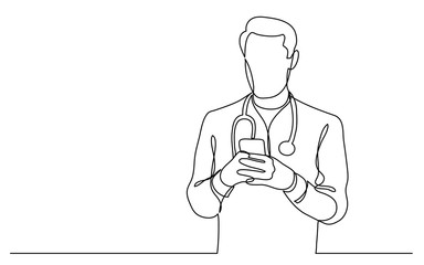 continuous vector line drawing of doctor checking his mobile phone