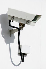 CCTV camera on white external wall of building