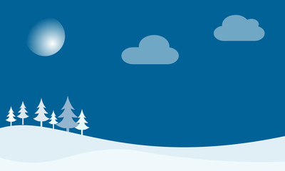 Winter season landscape with trees and hills. Night sky with moon and stars on background. Vector illustration for Christmas and New Year.