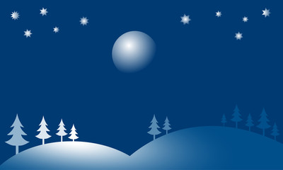 Winter season landscape with trees and hills. Night sky with moon and stars on background. Vector illustration for Christmas and New Year.