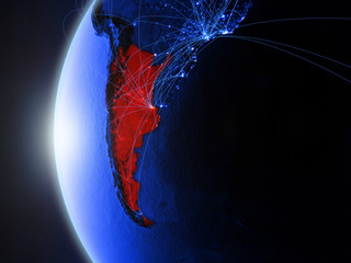 Argentina from space on blue digital model of Earth with international network. Concept of blue digital communication or travel.