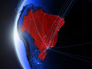 Brazil from space on blue digital model of Earth with international network. Concept of blue digital communication or travel.