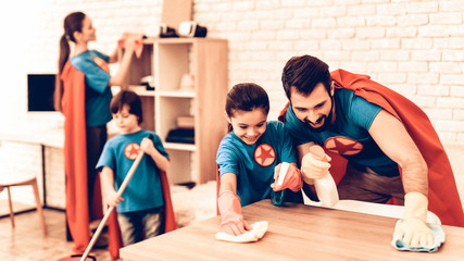 Happy Cute Super Heroes Family Cleaning Room
