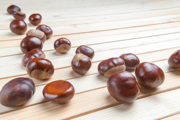 pile of aesculus hippocastanum or conker tree nuts on wooden table