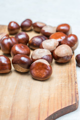 pile of aesculus hippocastanum or conker tree nuts on chopping board on tablecloth, selective focus