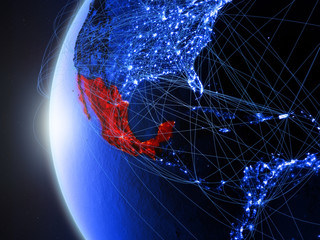 Mexico from space on blue digital model of Earth with international network. Concept of blue digital communication or travel.