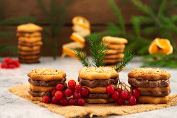 Dessert for Christmas-figured cookies with a chocolate layer, berries of red viburnum, branches of a green fir-tree, a new year's card.