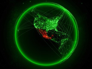 Mexico from space on planet Earth with green network representing international communication, technology and travel.