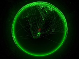 Zimbabwe from space on planet Earth with green network representing international communication, technology and travel.