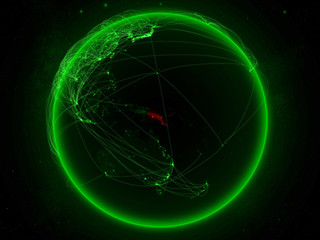 Papua New Guinea from space on planet Earth with green network representing international communication, technology and travel.