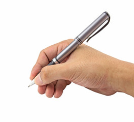 Hand with pen on white background