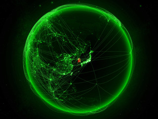 South Korea from space on planet Earth with green network representing international communication, technology and travel.