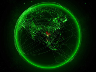 Thailand from space on planet Earth with green network representing international communication, technology and travel.