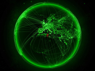 Tunisia from space on planet Earth with green network representing international communication, technology and travel.