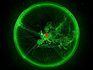 Germany from space on planet Earth with green network representing international communication, technology and travel.