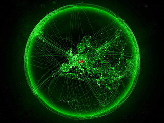 Austria from space on planet Earth with green network representing international communication, technology and travel.