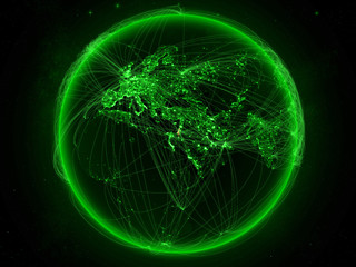 Obraz premium Israel from space on planet Earth with green network representing international communication, technology and travel.