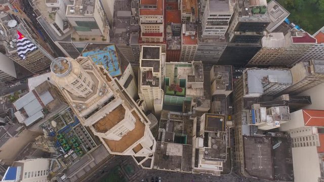 SAO PAULO, BRAZIL - MAY 3, 2018: Aerial View of the city centre Banespa building with city flag